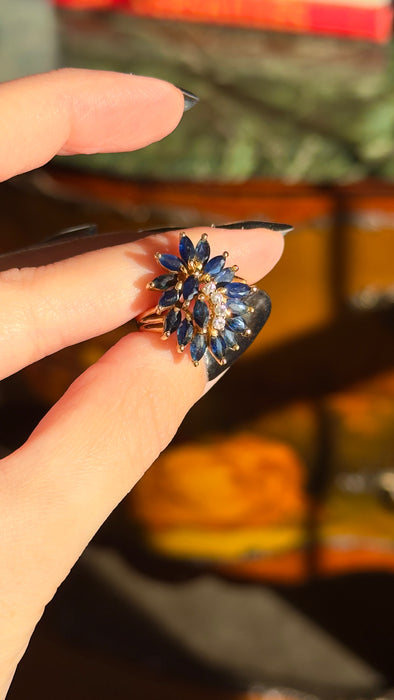 14k Blue Sapphire and Diamond Cluster Ring