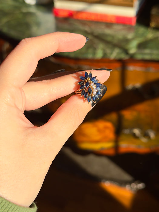 14k Blue Sapphire and Diamond Cluster Ring