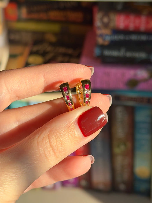 14k Ruby and Diamond Heart Huggies