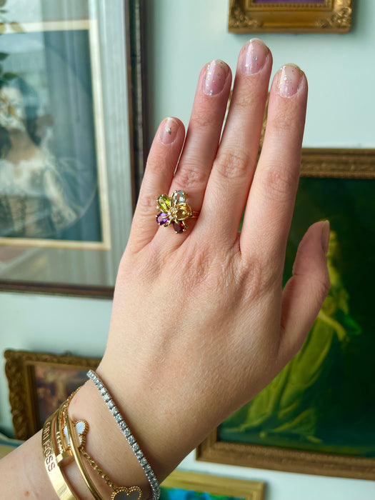 14k Multi gemstone and Diamond Floral Ring