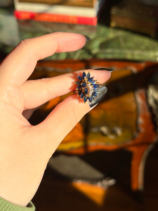 14k Blue Sapphire and Diamond Cluster Ring