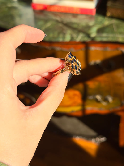 14k Blue Sapphire and Diamond Cluster Ring