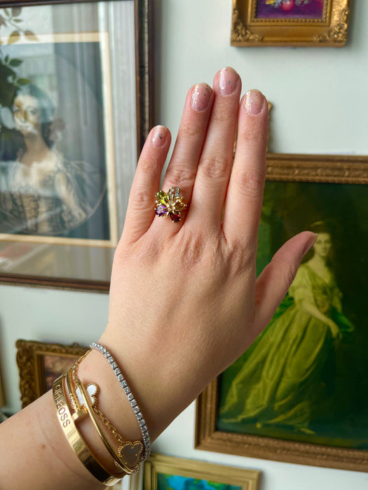 14k Multi gemstone and Diamond Floral Ring