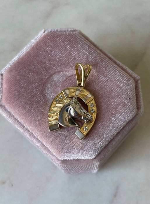 14k Dual Tone Horse and Horseshoe Pendant