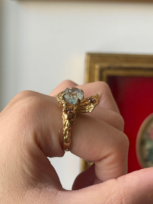 14k Blue Topaz and Ruby Chunky Ring