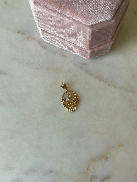 14k Tri-Gold Flower Basket Pendant