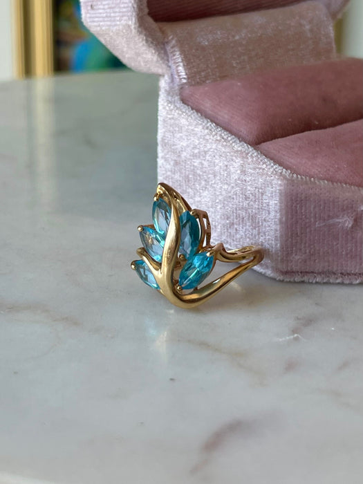 14k Blue Topaz Leaf Ring