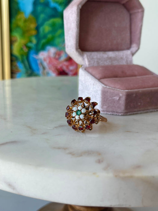 14k Garnet, Emerald and Opal Ring