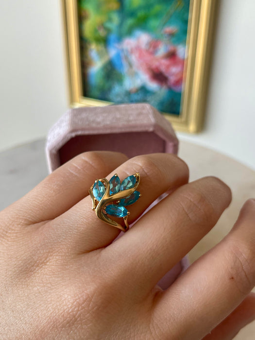 14k Blue Topaz Leaf Ring