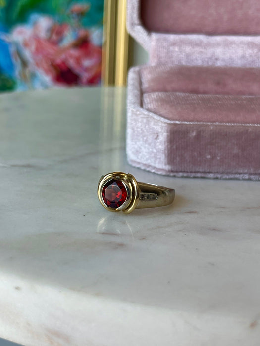 14k Dual Tone Garnet and Diamond Ring