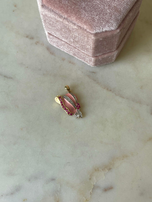 10k Pink Enamel Ruby and Diamond Pendant