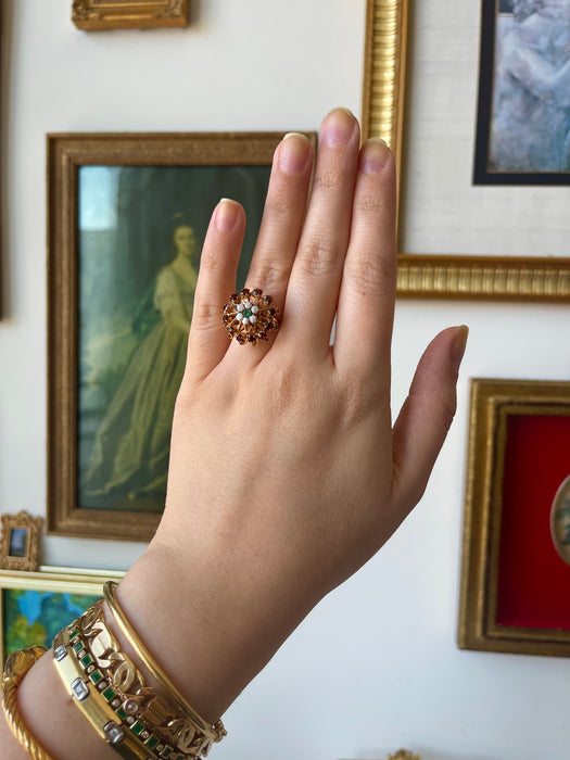 14k Garnet, Emerald and Opal Ring