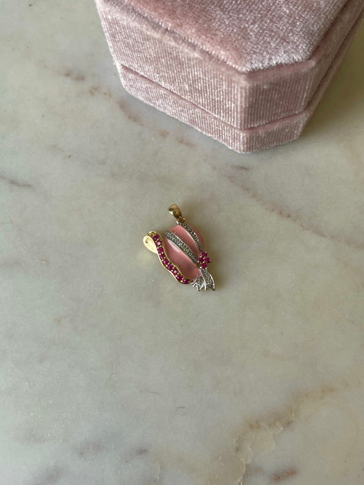 10k Pink Enamel Ruby and Diamond Pendant