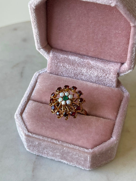 14k Garnet, Emerald and Opal Ring