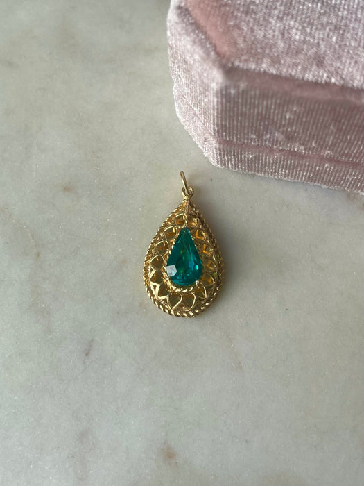 14k Blue Glass Tear Drop Pendant