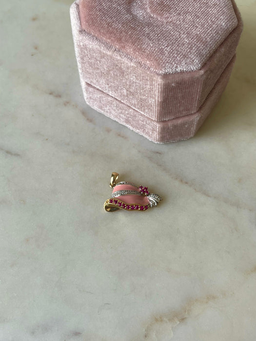 10k Pink Enamel Ruby and Diamond Pendant