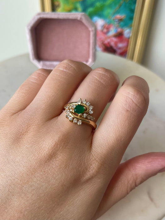 14k Emerald and Diamond Cluster Ring