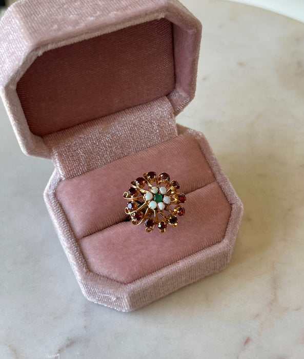 14k Garnet, Emerald and Opal Ring