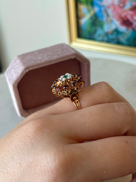 14k Garnet, Emerald and Opal Ring